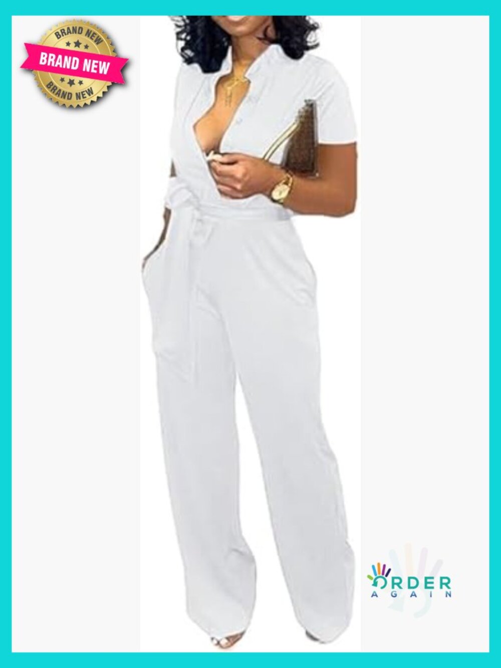 Elegant Long Straight Jumpsuit with Collared Neck and Button Front - Picture 3 of 7